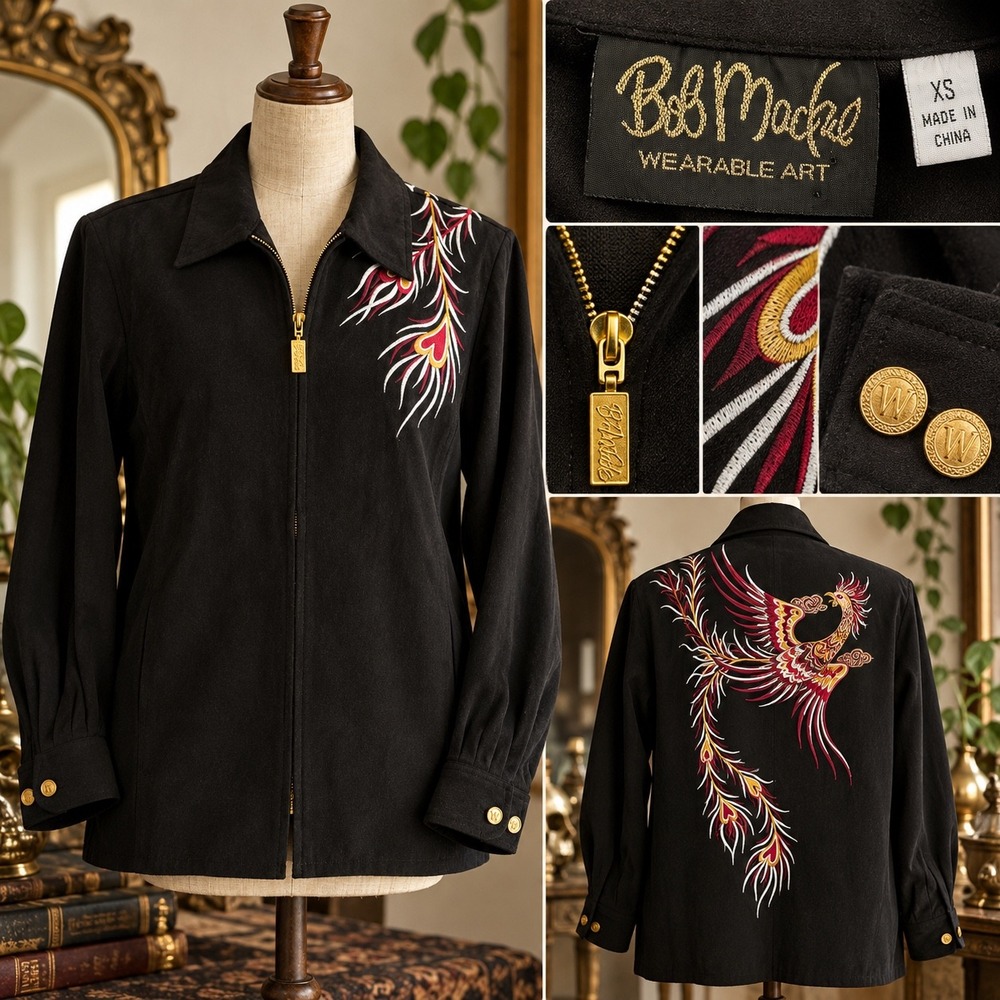Bob Mackie Wearable Art Black Embroidered Phoenix Bird Jacket Gold Hardware XS